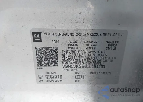 2020 Chevrolet Trax Fwd Ls z USA, uszkodzony, nr VIN 3GNCJKSB6LL184203